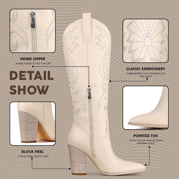 🆕Women White Knee High Pointed Toe Chunky High Heels Pull-on Embroidered Boots - Picture 3 of 7